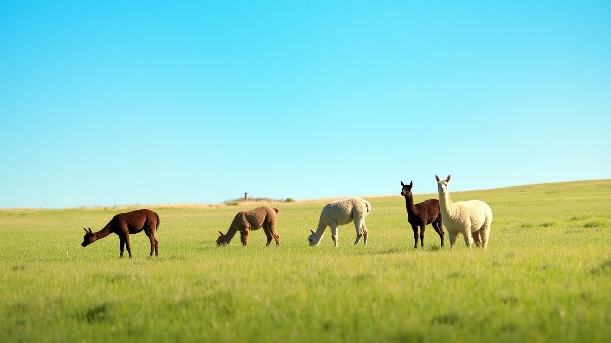 Un prado con alpacas pastando bajo un cielo azul brillante.