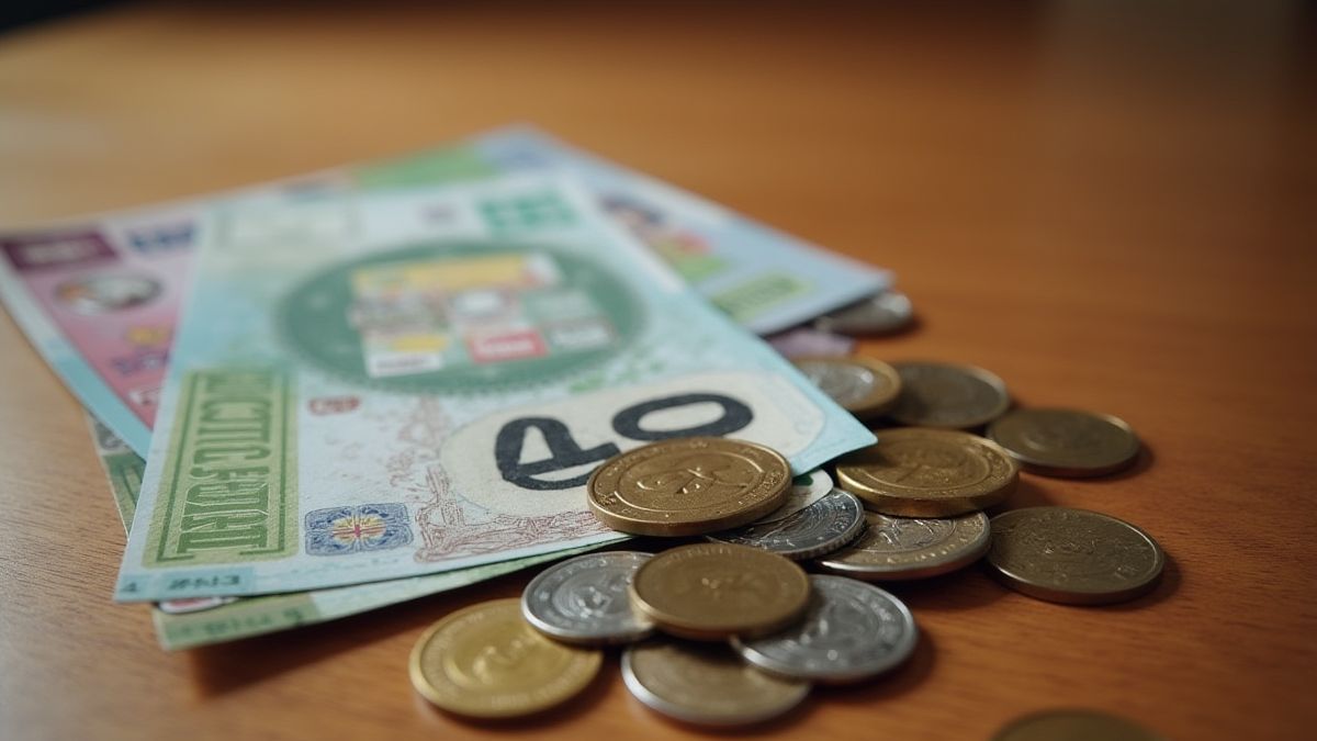 Monedas y tarjetas de rasca sobre una mesa de madera.