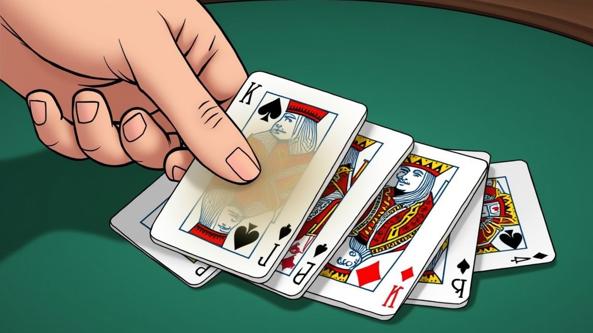 Hand rubbelt eine Karte, um Blackjack-Symbole wie Asse und Könige zu enthüllen.