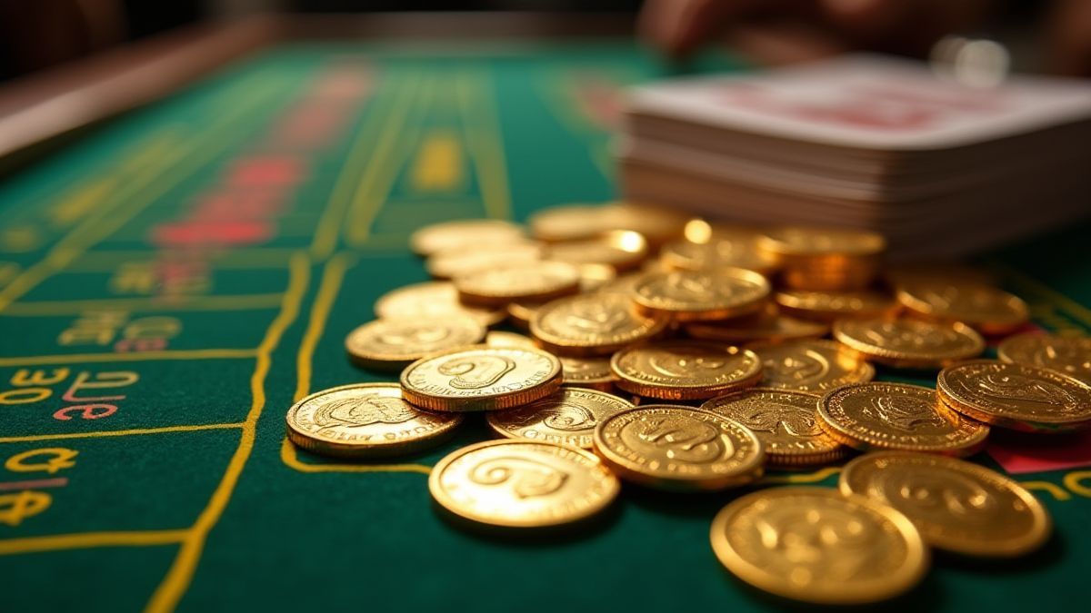Goldene Münzen und Rubbellose auf einem Blackjack-Tisch.