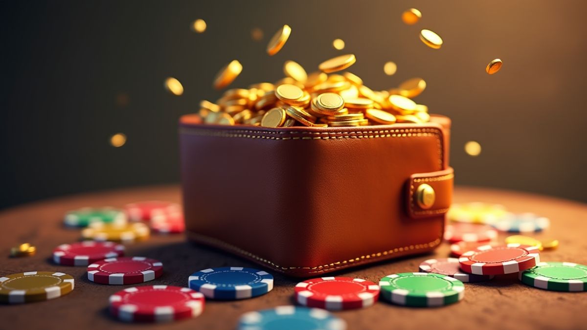 Cartera animada con monedas y fichas de casino alrededor.