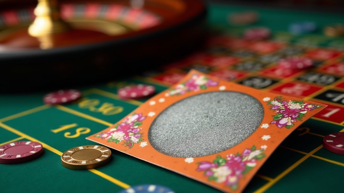 Scratch card on a casino table next to chips and a roulette wheel.
