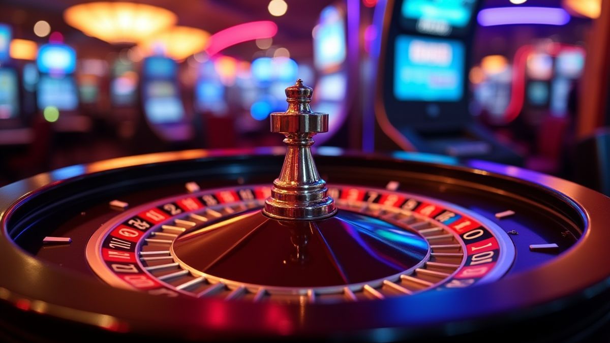 Roulette illuminated under neon lights in a casino.
