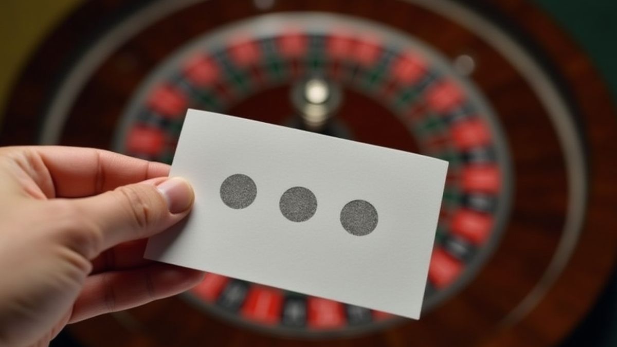 Hand holding a scratch card with a roulette in the background.