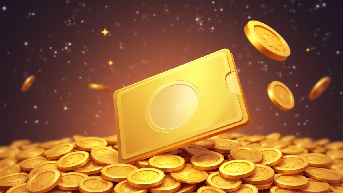 Rubbellos mit fallenden goldenen Münzen.