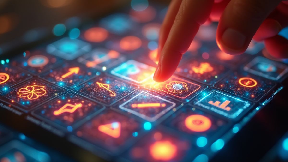 Eine digitale Rubbellose mit bunten Symbolen.
