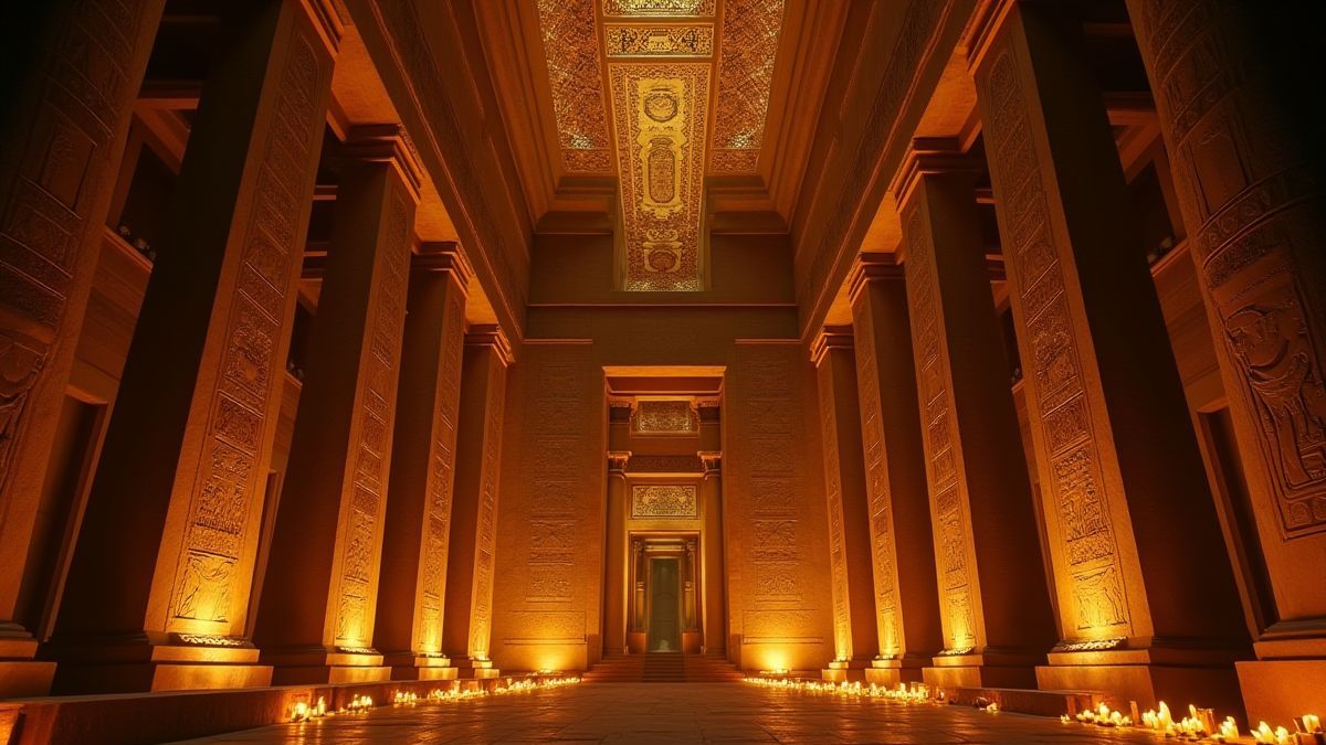 Egyptian temple with glowing hieroglyphics and golden artifacts.