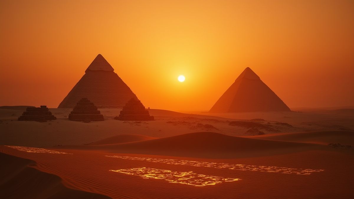 Pirámides egipcias al atardecer con jeroglíficos brillantes
