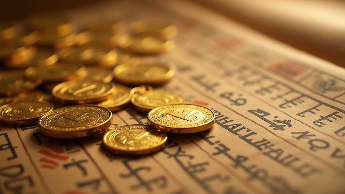Monedas de oro sobre un pergamino egipcio con jeroglíficos