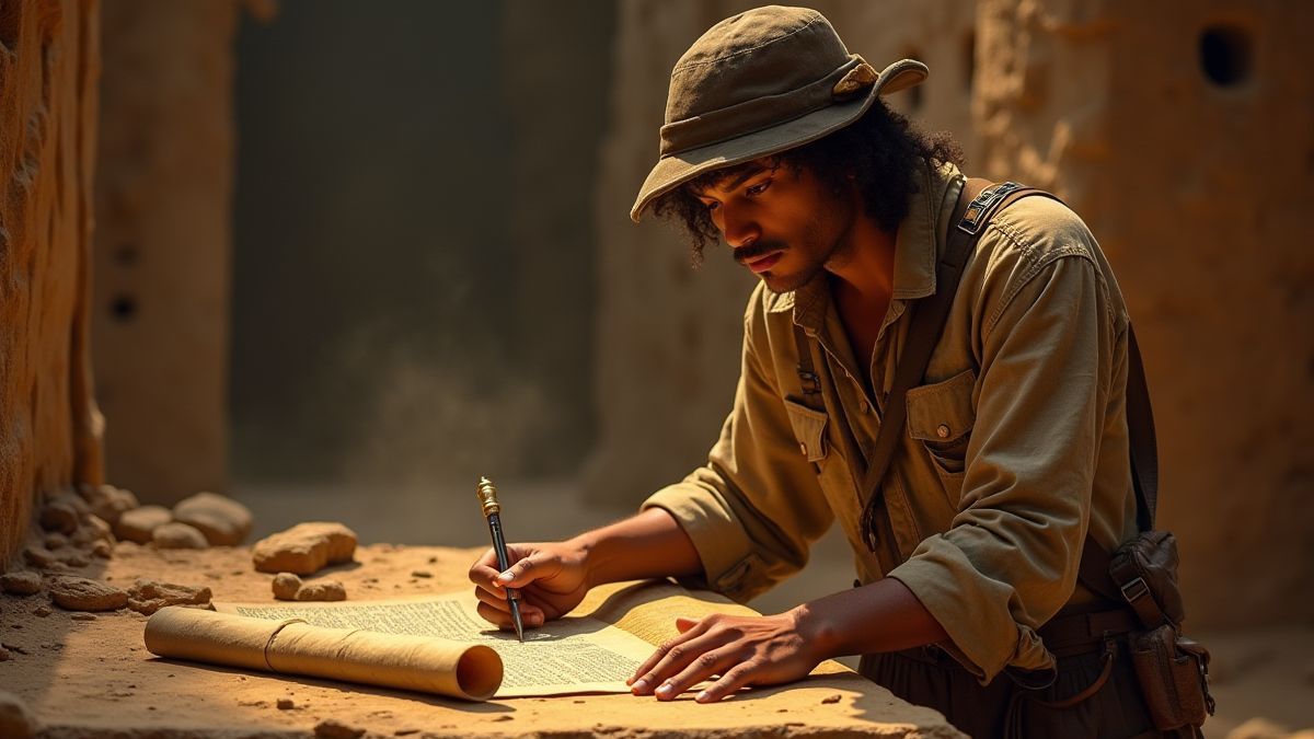 Chasseur de trésors analysant des rouleaux anciens dans un environnement égyptien mystique.
