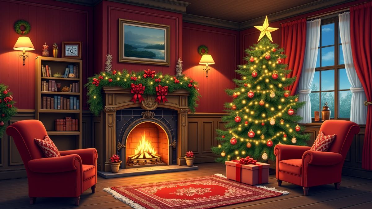 Viktorianisches Wohnzimmer, das für Weihnachten dekoriert ist.