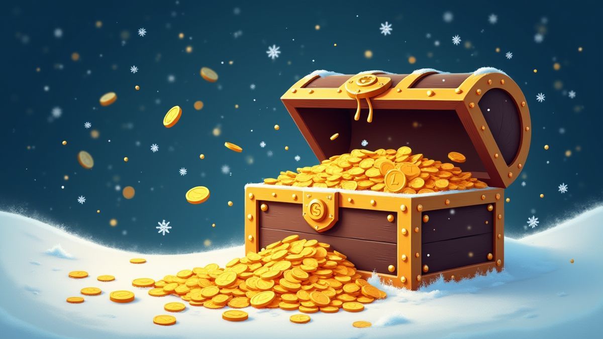 Goldene Münzen, die aus einer Schatztruhe herausfallen, umgeben von Schneeflocken.