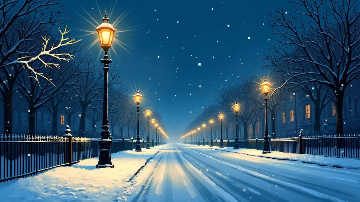 Schneebedeckte Straße in London, beleuchtet von Straßenlaternen.