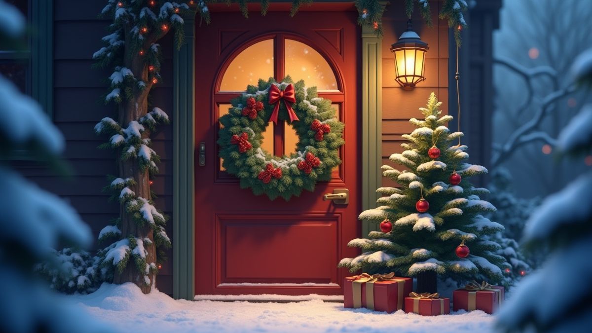 Christmas wreath hanging on a snowy door.