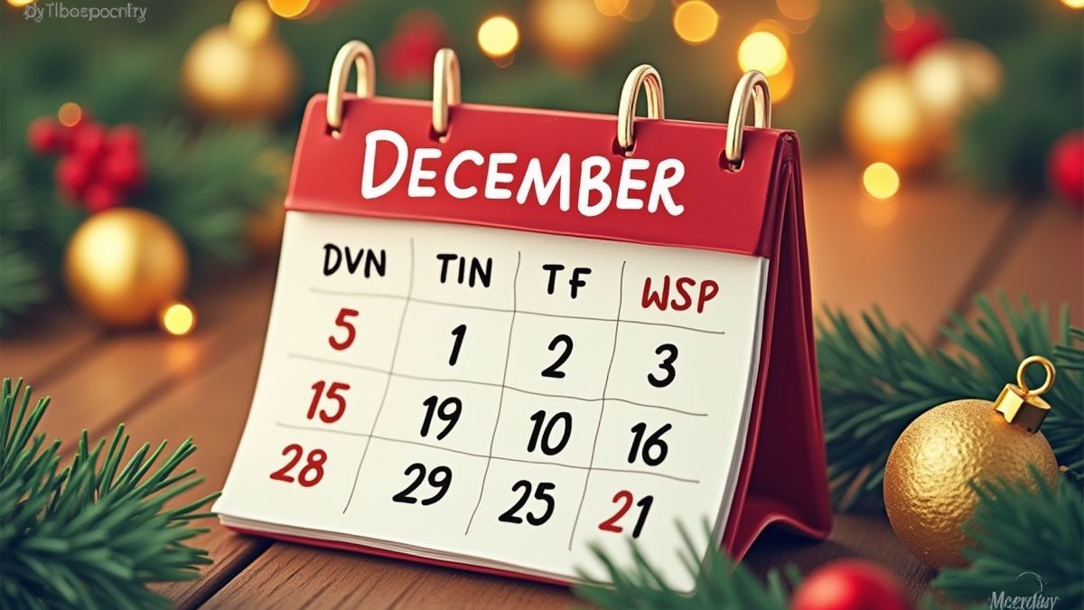 Calendar decorated with Christmas ornaments showing December.