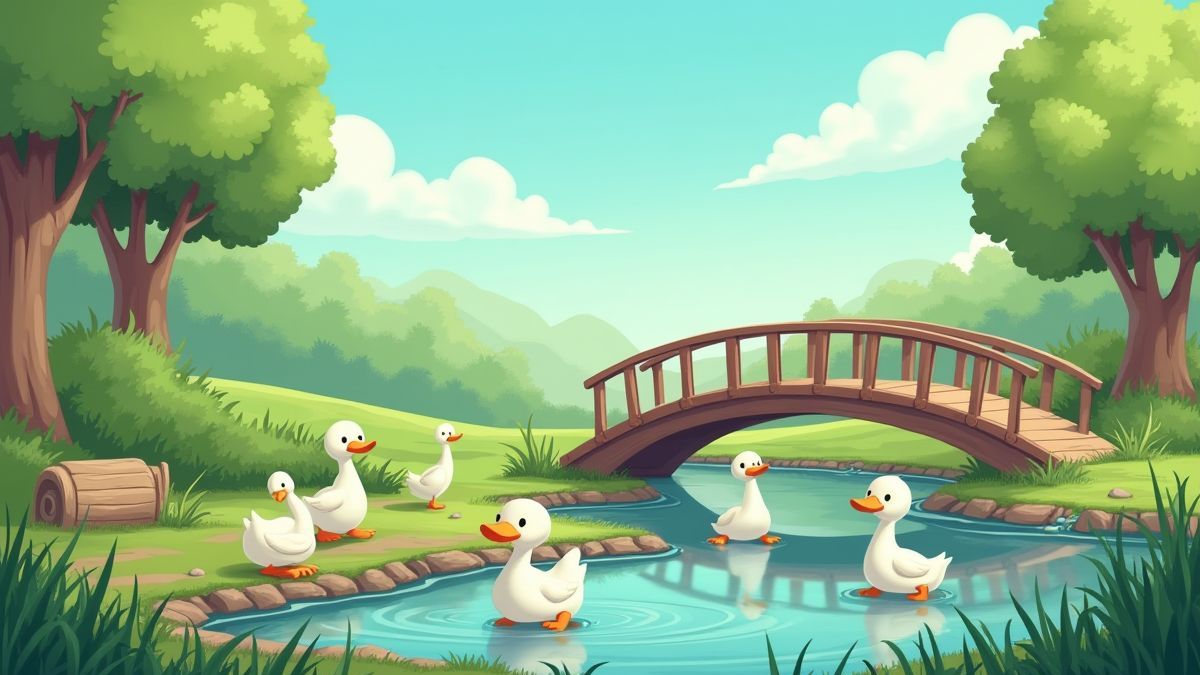Paisaje animado con patos y un puente de madera