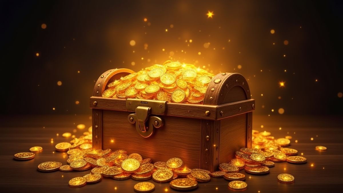 Um baú do tesouro transbordando de moedas de ouro e pedras preciosas.