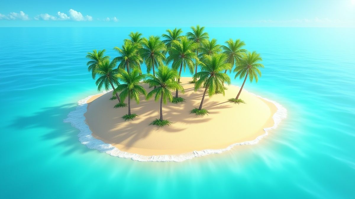 Uma ilha tropical com palmeiras e areia dourada cercada por água azul cristalina.