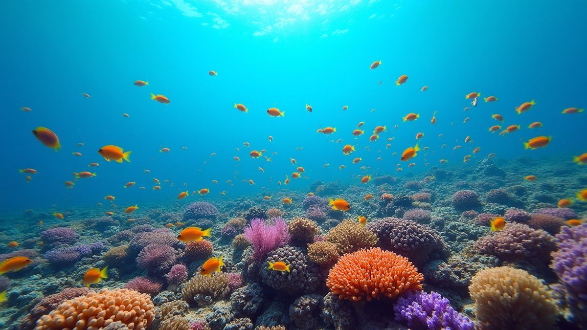 Um arrecife de coral vibrante com peixes de cores nadando.