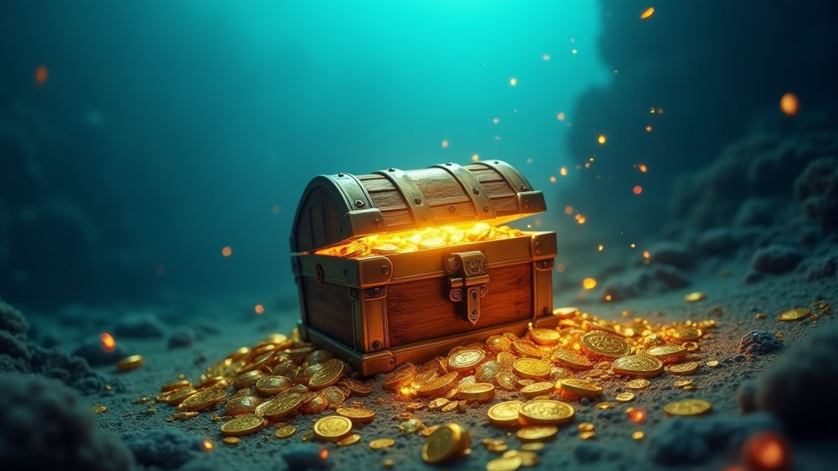 Um cofre do tesouro brilhante sob a água rodeado de moedas de ouro e joias.