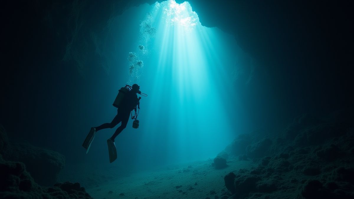 Um mergulhador explorando uma caverna submarina profunda com raios de luz filtrando-se.