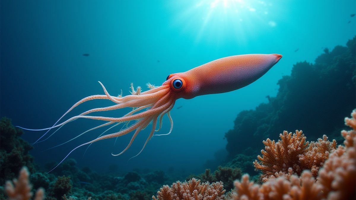 Un calamar dans un récif de corail.