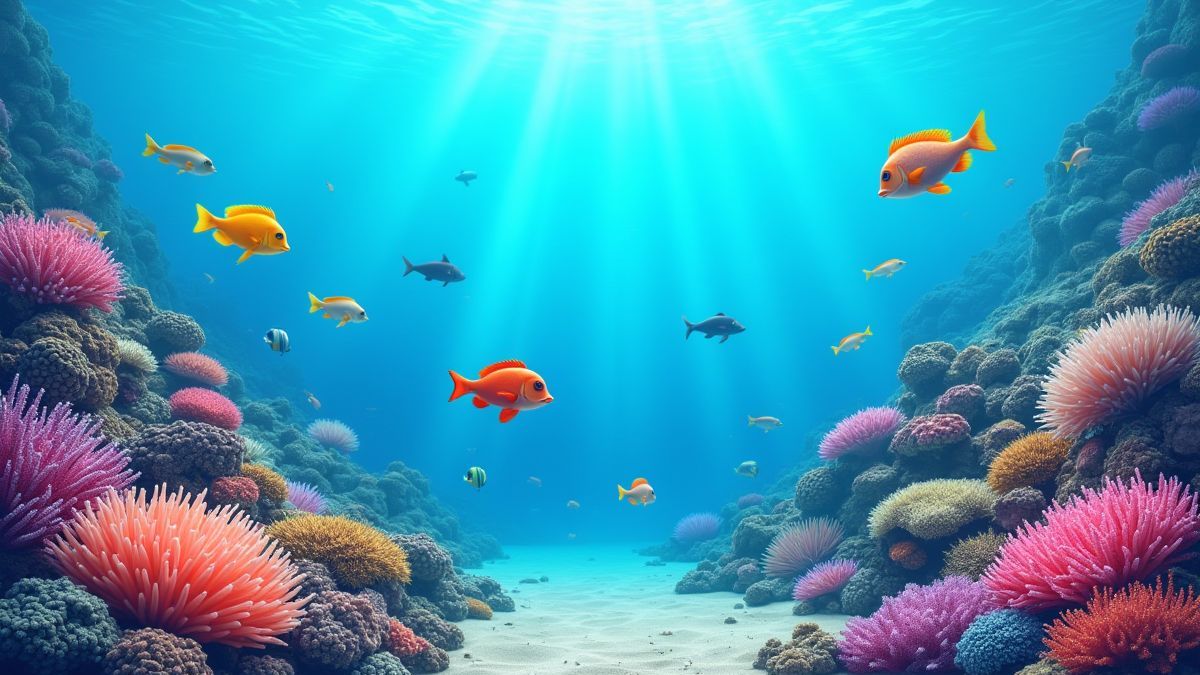 Coral reefs and exotic fish at the bottom of the ocean.