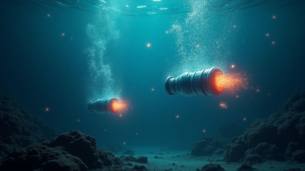 Illuminated underwater cannons with bubbles and light effects.