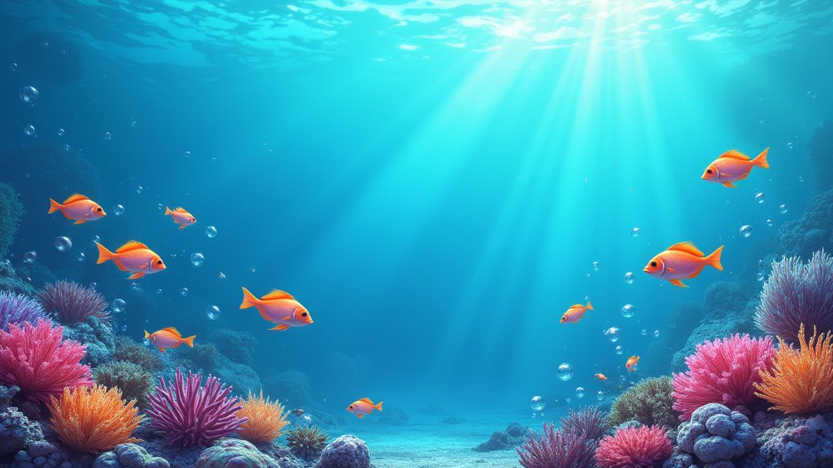 Vibrant underwater scene with fish and coral reefs.