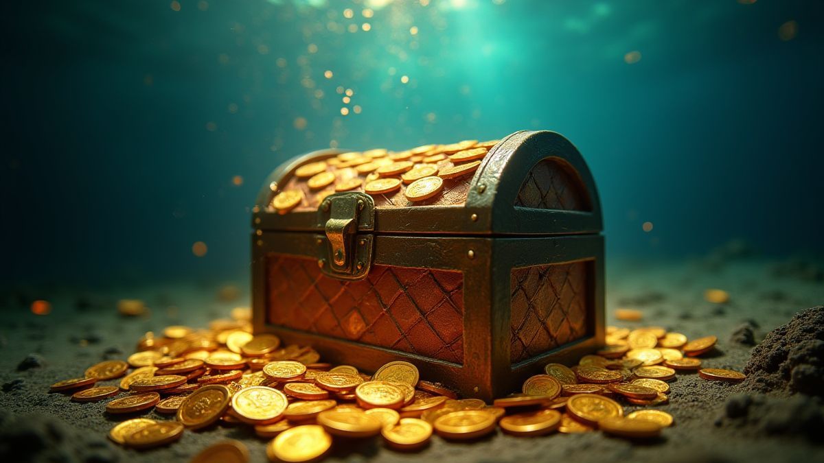 Cofre do tesouro brilhante rodeado de moedas de ouro sob a água.