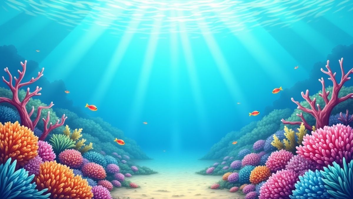 Kleurrijke koralen en kleine vissen die onderwater zwemmen.