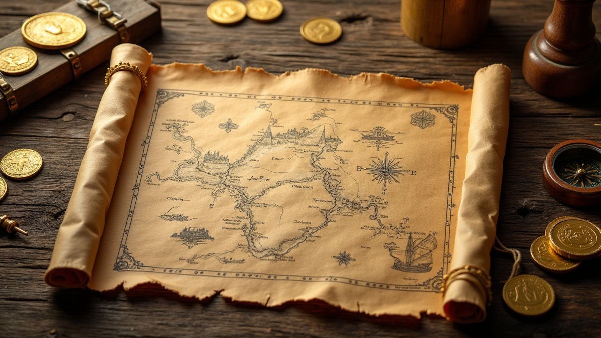 Un mapa del tesoro en una mesa pirata rodeado de monedas de oro y una brújula.
