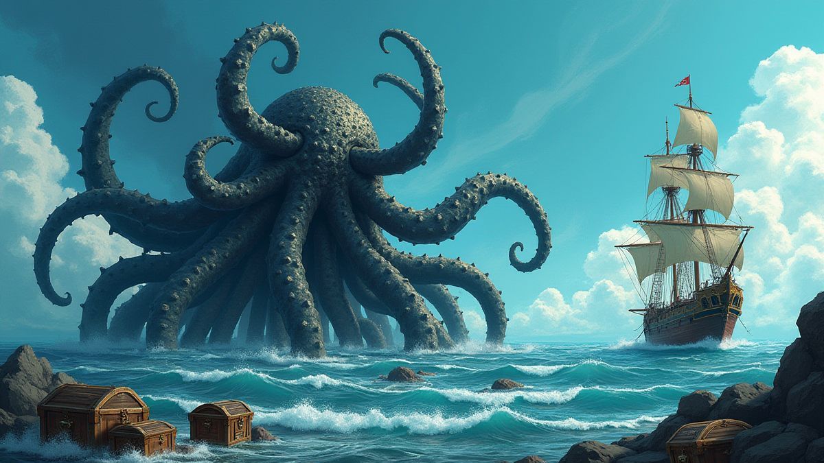 Un kraken gigante emergiendo del océano cerca de un barco pirata, rodeando cofres del tesoro.