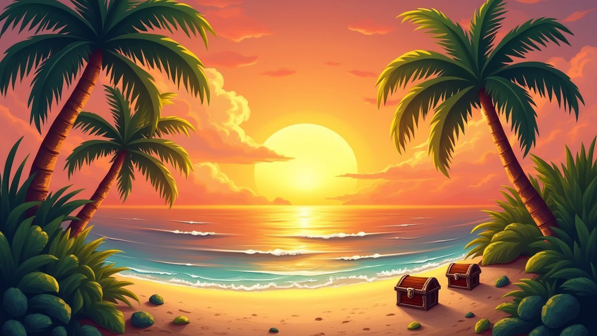 Una isla tropical al atardecer con palmeras, arena dorada y cofres del tesoro dispersos.