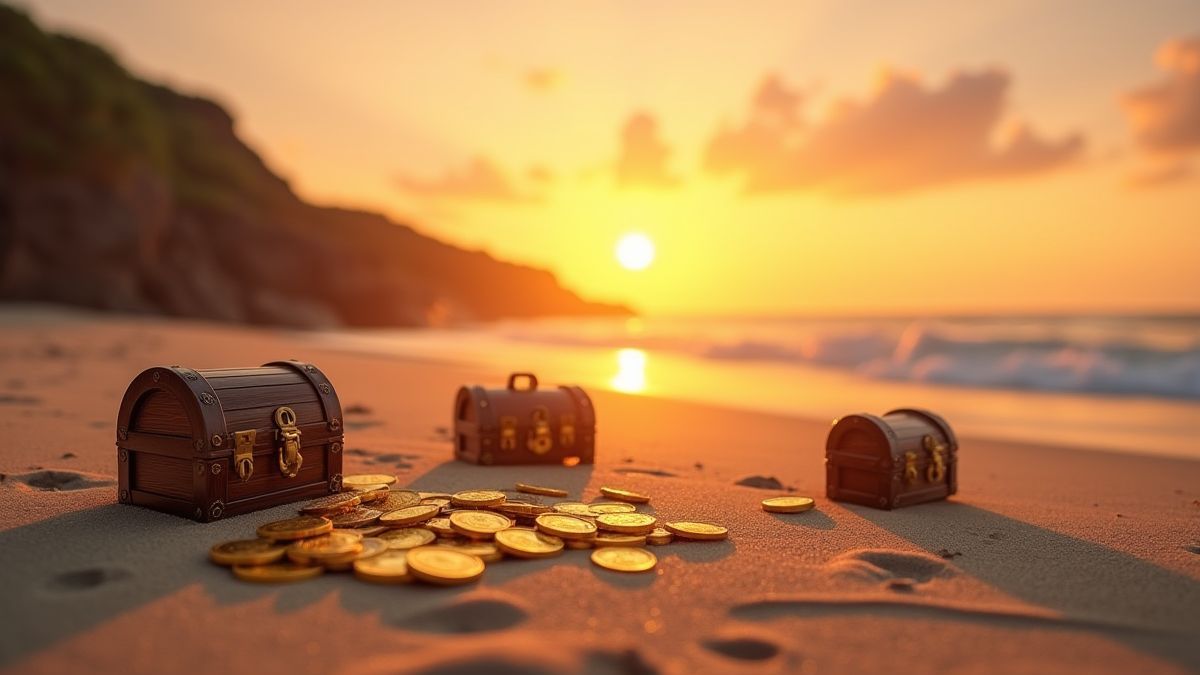 Monnaies d'or et coffres au trésor sur une plage sous un ciel de coucher de soleil.