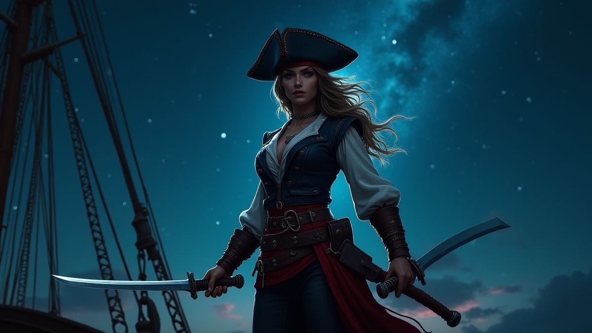 Lady Fortuna, une pirate courageuse avec une épée sur le pont de son navire sous un ciel étoilé.