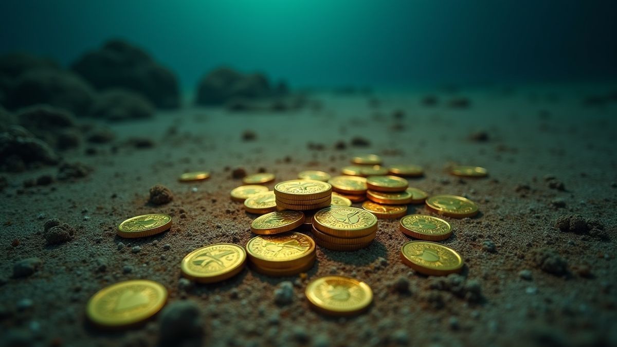 Monedas de oro y tesoros esparcidos en el fondo del océano.