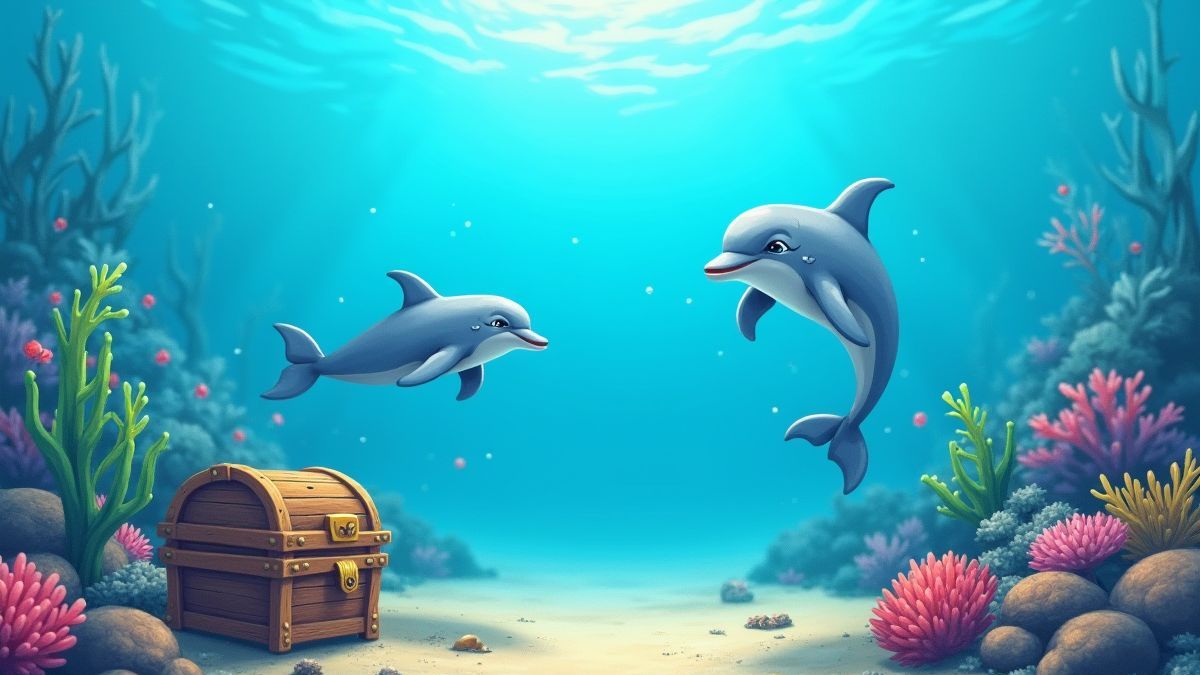 Delfines jugando cerca de cofres del tesoro y arrecifes de coral.