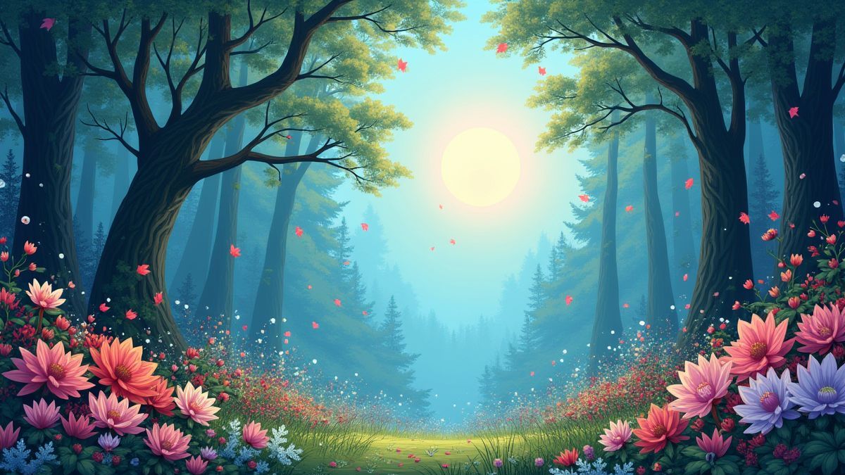 A magical forest with seasonal elements.