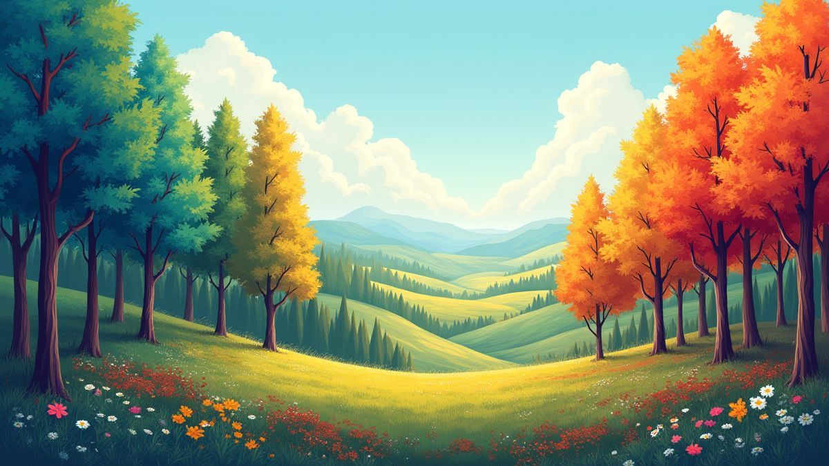 Un bosque cambiante mostrando las cuatro estaciones del año.