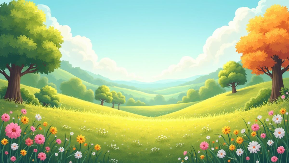 Un prado con flores y árboles cambiando de estación.