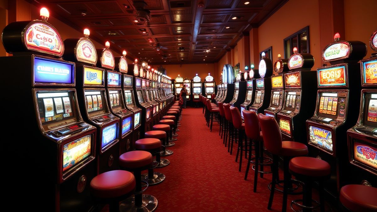 Ein Retro-Casino mit beleuchteten Spielautomaten.