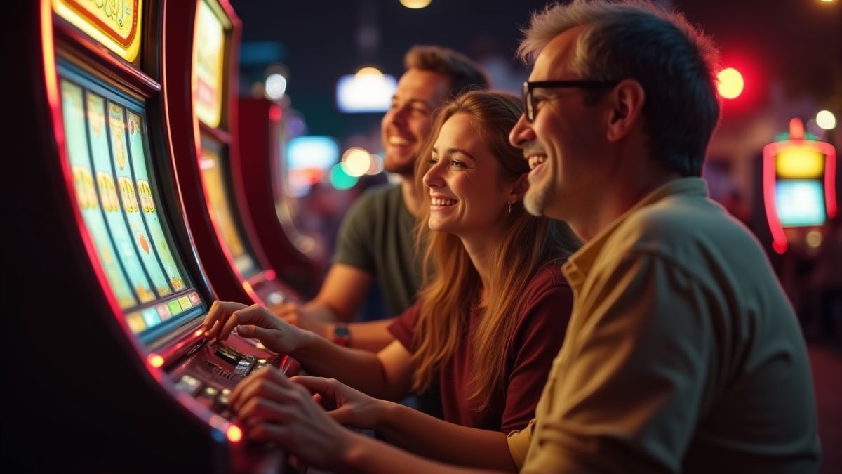 Eine Gruppe von Freunden, die zusammen an Retro-Spielautomaten spielen.