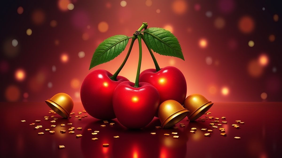 Retro fruit machine with glowing cherries and golden bells.