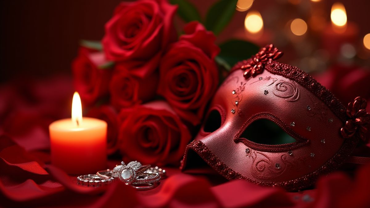 Un escenario romántico con rosas y joyas.