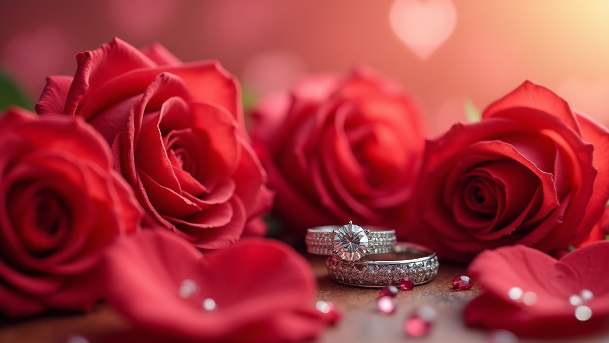 Símbolos románticos como rosas y anillos de diamantes.