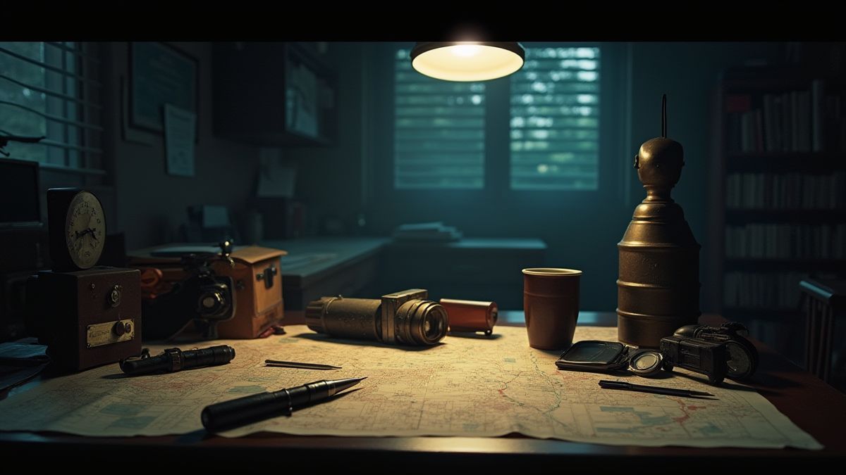 Bureau d'espions avec cartes et gadgets.