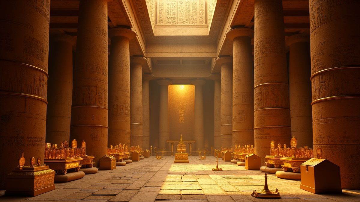 Un templo egipcio antiguo con artefactos dorados y jeroglíficos misteriosos.