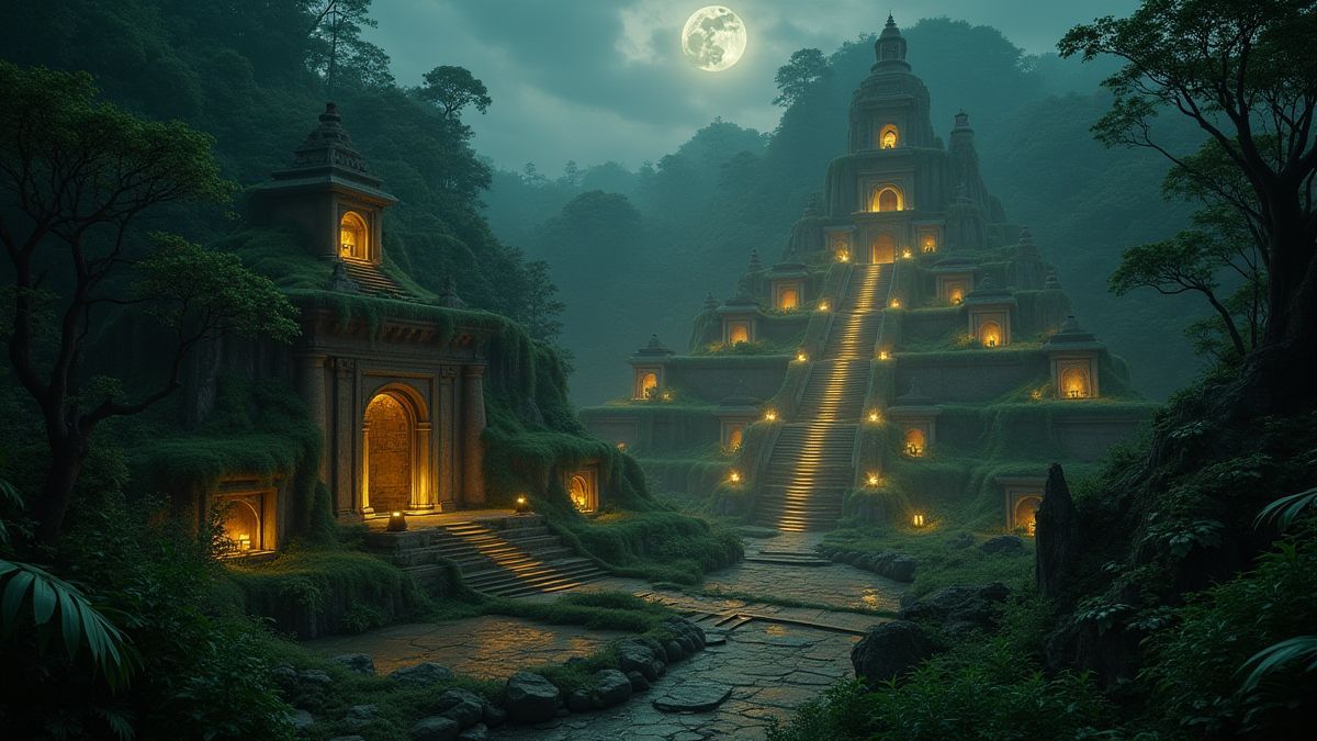 Cidade antiga na selva com artefatos dourados brilhando sob a luz da lua.