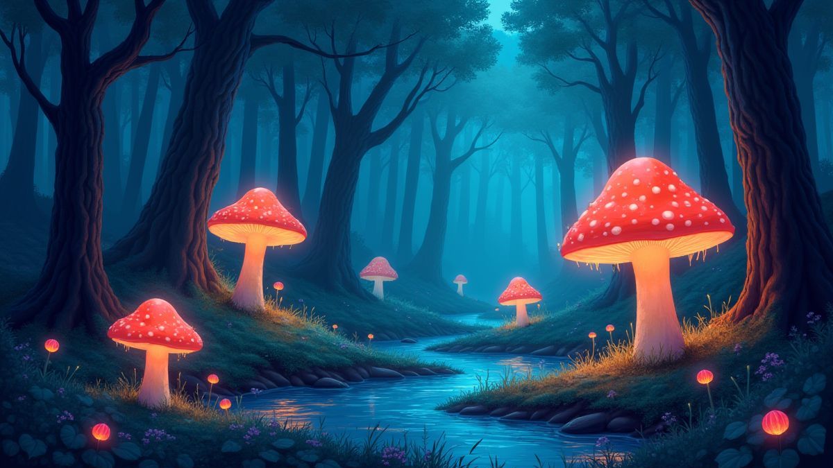 Un bosque mágico con setas brillantes y arroyos centelleantes.